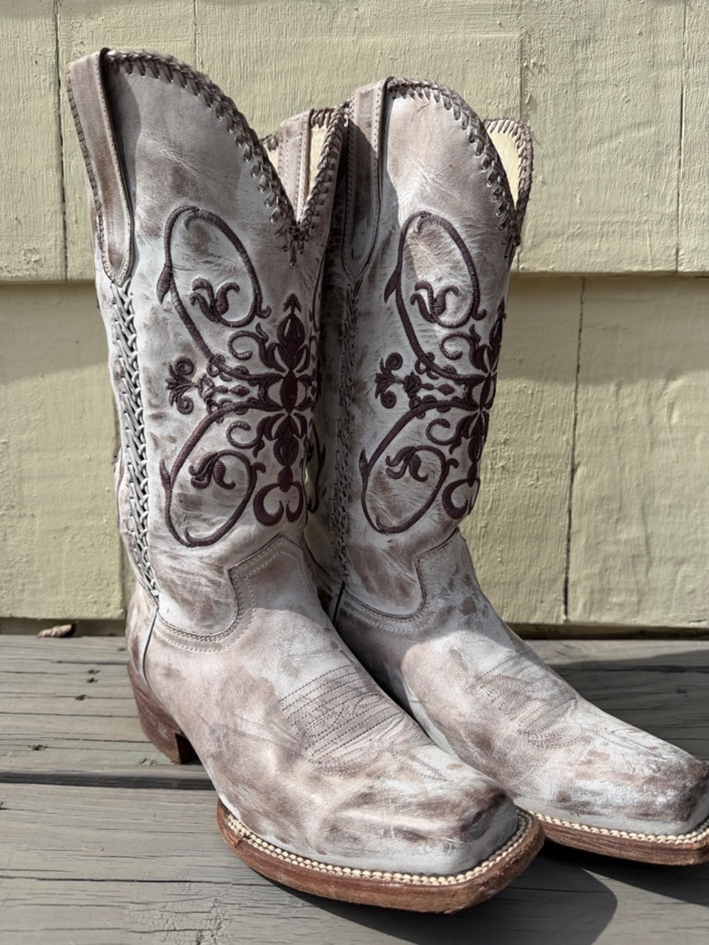 J.B. Dillon Distressed White Leather Western Heeled Boots with Brown Embroidery